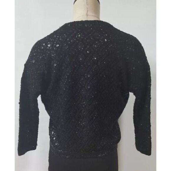 Cyn Les Short Black V Neck Sweater size 36 US Small Sequins Lined 3/4 Sleeve Vtg - Picture 6 of 9